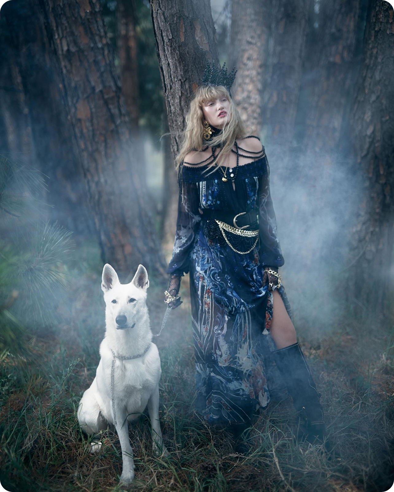 Fashion portrait with a white dog